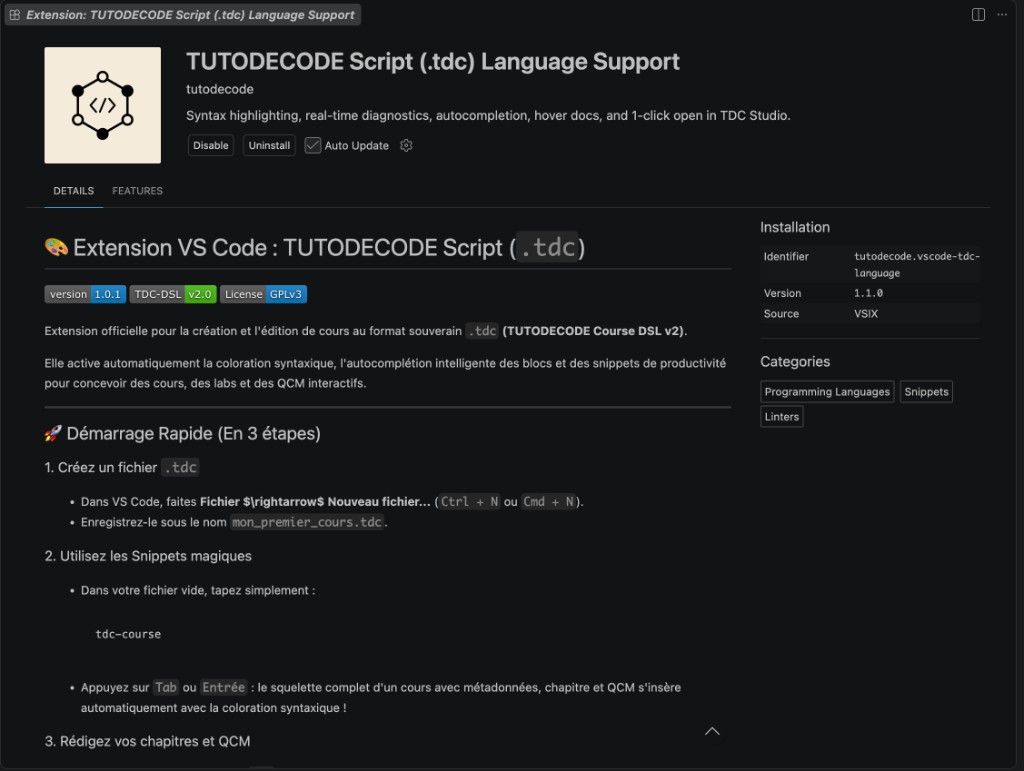 Extension TUTODECODE Script (.tdc) Language Support dans VS Code